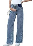 BLENCOT Pregnancy Pants for Women Loose Fit Wide Leg Jeans High Rise Elastic Waist Stretchy Denim Outfits Summer Fall Casual Office Sail Blue Large