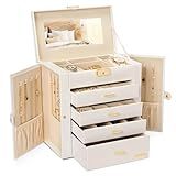 Homde Synthetic Leather Huge Jewelry Box Mirrored Watch Organizer Necklace Ring Earring Storage Lockable Gift Case (White + Gold)
