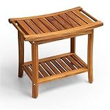 GREENTEAK Shower Bench, Waterproof Teak Shower Stool, Non-Slip Wooden Stool for Bathroom, Teak Wood Shower Seat Chair for Shower Storage Shelf, 300 Lbs Capacity, Provides Safety (22'' 2-Tier)