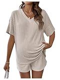 MakeMeChic Women's Maternity Pajamas Lounge Sets 2 Piece Outfits Short Sleeve Rib Knit Tops and Shorts Sets Pregnancy Clothes Apricot Small
