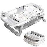 Collapsible Baby Bathtub,with Removable Soft Bath Pad&Storage Tray&Thermometer,Gift Bundle,Non-Slip Infant Shower Basin Newborn to Toddler 0-36 Months,Portable Travel Esencials Boy Foldable Tub,Gray