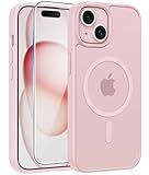FNTCASE for iPhone 15/14/13 Case, Fit for Magsafe, Glass Screen Protector | Translucent Matte, Magnetic Phone Cases, 14FT Military Grade Drop Protection, Slim Shockproof Protective Cover, Light Pink