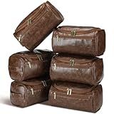 Aliceset 6 Pcs Groomsmen Gift Groomsmen Toiletry Bags Set of 6 Leather Toiletry Bag for Men with Hook Leather Wedding Proposal Bag with Side Handle Father Gift(Dark Brown)
