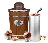 Nostalgia Electric Ice Cream Maker With 6 Qt Capacity - Old Fashioned Ice Cream Machine Makes Frozen Yogurt or Gelato in Minutes- Vintage Wooden Style Ice Cream Maker with Aluminum Canister- Dark Wood