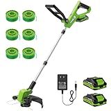 VARSK 20V String Trimmer Cordless, 12 Inch 2 in 1 Trimmer and Edger, Automatic Line Feed, Includes 2 X 2.0Ah Batteries/1 X Fast Charger/6 X Spare Spools, for Lawn, Garden, etc, Light Green