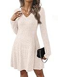 AUTOMET Womens Sweater Dresses 2026 Winter Long Sleeve Fall Fashion Outfits V Neck A-Line Flowy Mini Cute Casual Dress Comfy Work Spring Clothes Beige M