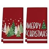 OTOSTAR Red Xmas Trees Merry Christmas Kitchen Towels 18x26 Inch Snowflakes Baking Cooking Cloth Dish Towels Daily Seasonal Winter for Kitchen Decoration Drying Hand Towels Set of 2