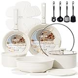CAROTE 19pcs Pots and Pans Set Non Stick, Cookware Sets, Kitchen Set, Oven/Fridge Safe, Space Saving Pots Set, Nonstick Cooking Set with Versatile Detachable Handle, Induction RV Set, Cream White