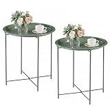 VECELO Side/End Table, Folding Round Metal Anti-Rust and Waterproof Outdoor or Indoor Tray for Living Room Bedroom Balcony and Office, 2 PCS, Dark Green