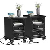 SAVOR LIFE Farmhouse Nightstand Set of 2 with Charging Station, Rustic Black Nightstand,2 Drawers End Table for Living Room,Bedside Table with Open Shelf for Bed Room,Black