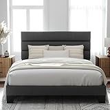 Allewie Queen Size Platform Bed Frame with Fabric Upholstered Headboard and Wooden Slats Support, Fully Upholstered Mattress Foundation/No Box Spring Needed/Easy Assembly, Dark Grey