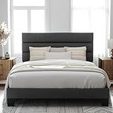 Allewie Queen Size Platform Bed Frame with Fabric Upholstered Headboard and Wooden Slats Support, Fully Upholstered Mattress Foundation/No Box Spring Needed/Easy Assembly, Dark Grey