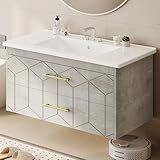IDEALHOUSE Floating Bathroom Vanity with Sink 36 inch, Modern Bathroom Sink Cabinet, Ceramic Vanity Top, 2 Large Storage Drawers with Gold Metal Handle, Easy to Assembly, Grey