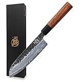 MITSUMOTO SAKARI Santoku Chef Knife 7 inch - Hand Forged Japanese Kitchen Knives, 3-Layer 9CR18MOV High Carbon Steel, Rosewood Handle & Sandalwood Box