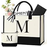 GENGBIN Personalized Canvas Tote Bag, Monogrammed Gift with Zipper Pouch for Women (M - with Cardboard Insert)