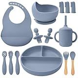 LITTLE RAWR Silicone Baby Feeding Set 14 Pcs,Baby Led Weaning Supplies, Baby Spoons Suction Bowl Divided Plate Bib Cup Finger Brush,First Stage Solid Food Eating Utensils - 6+ Months(Blue Gray)