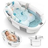 Collapsible Baby Bathtub for Newborn to Toddlers 0-36 Months, Large Baby Tub with Thermometer & Cushion, Easy Setup Foldable Travel Infant Bathtub, Newborn Babies Boy Girl Bath Tubs Grey