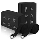 RETON 2 Pcs Yoga Blocks and 2 Yoga Straps Set, Non-Slip Brick Strap (Black)