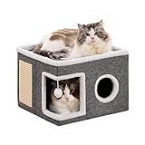 Crispedia Cat Beds for Indoor Cats, Large Cat Cave with Fluffy Ball and Scratch Pad, Foldable Cat Scratch House with Hideaway Condo for Kitten,16x16x13inch,Grey
