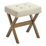 SONGMICS Makeup Stool, Padded Vanity Stool, Foot Rest, Solid Wood X Legs, for Bedroom, Closet, Entryway, 12.6 x 16.5 x 18.1 Inches, Summer Sand and Brown ULSF006LF01