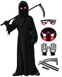 6 Pcs Halloween Grim Reaper Costume Kids Dark Knight Glowing Eyes Reaper Phantom Outfit (Large(8-10 Years))