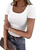 ANRABESS Women Short Sleeve Tops Scoop Neck Ribbed Knit Slim Fitted Basic Tee Shirts Casual Summer Clothes 2025 Fall Outfits White Medium