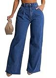Women's Wide Leg Stretchy Straight High Waist Baggy Denim Jeans Loose Boyfriend Casual Jeans F-Blue