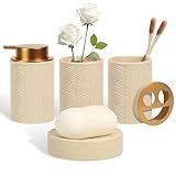 Kukikan Ceramic Bathroom Accessories Set, 4 Pcs-Includes Lotion Soap Dispenser, Toothbrush Holder, Vanity Tray, and Tumbler, Modern Bathroom Decor Organizer with Soap Dish, Apothecary Jar, Beige Color