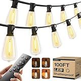 addlon 100FT LED Outdoor String Lights with Remote Waterproof Patio Lights with Shatterproof ST38 Replaceable Bulbs, Dimmable Outside Hanging Light Connectable for Porch, Backyard