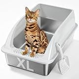 Tevila XL Open Top Stainless Steel Litter Box with High Sides,Light Gray