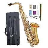 WUQIMUSC Beginner Alto Saxophone, E Flat - Complete Starter Kit with Case & 10 Reeds, for Adults & Students, Easy to Play for School Band & Practice(Gold)