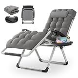 MoNiBloom Beach Chaise Lounge Chair, Patio Folding Recliner with Removable Cushion, Headrest & Tray, Portable Tanning Sunbathing Chair for Poolside Beach Porch Yard, Reinforced Bar, 330lbs Grey