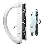Patio Door Handle Set + Mortise Lock 45° Perfect Replacement for Sliding Glass Door Fits 3-15/16” Screw Hole Spacing, Non-keyed with Latch Locks,White Diecast,Reversible Design(Non-Handed)