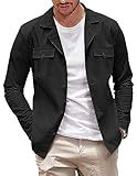 COOFANDY Men's Button Down Shirts Jacket Casual Long Sleeve Shacket Linen Overshirt with Pockets Black