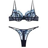 VORIXIA Lingerie Sexy Bra and Panty Set for Women See Through Sheer Underwear Cute Exotic Foral Embroidery Babydoll Suit(BB-M) Blackblue