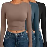 AUTOMET 3 Pack Womens Long Sleeve Shirts Y2K Going Out Crop Tops Cute Basic Slim Fitted Fall Fashion Outfits 2025 Clothes CoffegreyBlueBlack S