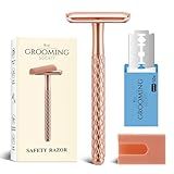 The Grooming Society Double Edge Safety Razor for Women with Silicone Cover & 10 Blades for Travel Metal Eco-Friendly Reusable Single Blade Razor for Shaving (Rose Gold)