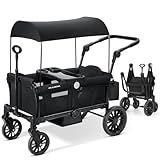 ELEMARA Stroller Wagon for 2 Kids, Foldable Wagon Stroller, Premium All Terrain Wagon for Kids, Kids Wagon Cart w/Removable Canopy, Adjustable Push/Pull Handle, Harnesses, Large Storage Bag, Black