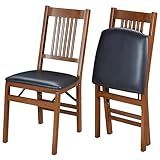 MECO Stakmore True Mission Wooden Folding Chairs with Padded Seats, Set of 2 - No Assembly Foldable Dining Chairs, Steel Folding Mechanism, Upholstered Cushion, Space-Saving, Fruitwood Frame