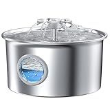 Stainless Steel Cat Water Fountain: 88oz/2.6L Ultra Quiet Pet Fountain with Flower Kitty Spout & LED Blue Light Water Dispenser with Water Level Window for Cats/Dogs Indoor (Silver) - IHOUONE