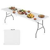 FDW 6FT Folding Table, Portable Fold-in-Half Plastic Picnic Party Table with Carrying Handle (White