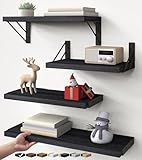 BAYKA Wall Mounted Floating Shelves, Wood Floating Wall Shelf for Books & Decor, Small Space-Saving Display & Organizer（Black，Set of 4）