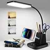 Sailstar Desk Lamp, LED Desk Lamps for Home Office, Wireless Charger Small Desk Lamp with Pen Holder, 3 Color Modes, Dimmable, CRI 85, 800LM, Study Lamps for College Dorm Room, Adapter Included, Black