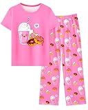 Sylfairy Girls Pajamas 2-Piece Pjs Set Kids Short Sleeve and Pants Jammies Casual Wear Girls' Sleepwear Lounge Clothes Big Kid Pink Doughnut size 7-8