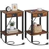 VIMBER Side Table with Charging Station, Set of 2 End Tables with USB Port and Outlets, Nightstands with 2-Tier Storage Shelves, Sofa Table for Small Space, Living Room, Bedroom, Rustic Brown 102F2