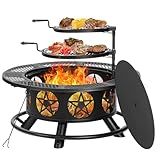 OutVue 36 Inch Fire Pit with 2 Grills, Wood Burning Fire Pits for Outside with Lid & Poker, BBQ& Outdoor Firepit & Round Metal Table 3 in 1 for Patio, Picnic, Party