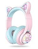 iClever Cat Ear Kids Bluetooth Headphones, LED Lights Up, 74/85dBA Safe Volume Limited, 50H Playtime,Bluetooth 5.2, USB C, Kids Headphones Wireless for Travel iPad Tablet, Meow Macaron Pink