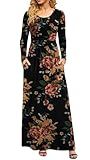 DB MOON Women Casual Long Sleeve Maxi Dresses Empire Waist Long Dress with Pockets Brown Floral Black L