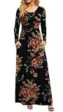 DB MOON Women Casual Long Sleeve Maxi Dresses Empire Waist Long Dress with Pockets Brown Floral Black L