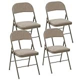 DUMOS 4 Pack Folding Chairs with Padded Cushion and Back - Fabric Stackable Portable Dining Chiars Set, for Home and Office, Conference, Wedding, Party, Patio, Garden, for Indoor Outdoor, Khaki